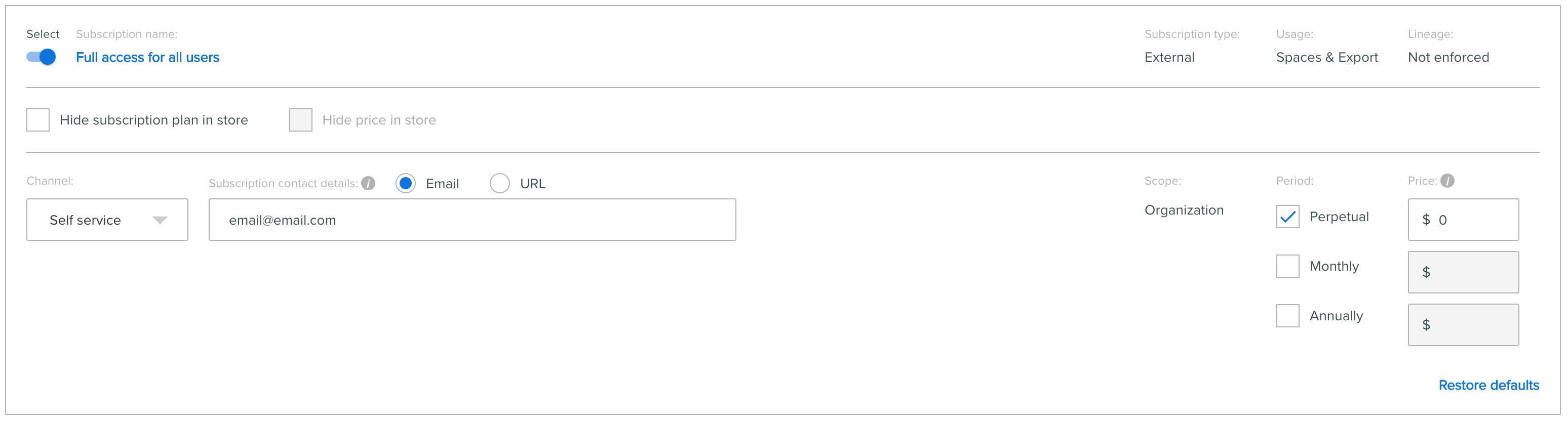 View of a subscription plan template to a data product publisher